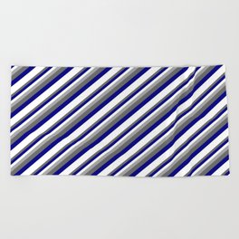 [ Thumbnail: Dark Gray, Dim Gray, Blue & White Colored Striped Pattern Beach Towel ]