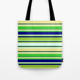 [ Thumbnail: Vibrant Green, Light Cyan, Tan, Lime Green & Blue Colored Stripes/Lines Pattern Tote Bag ]