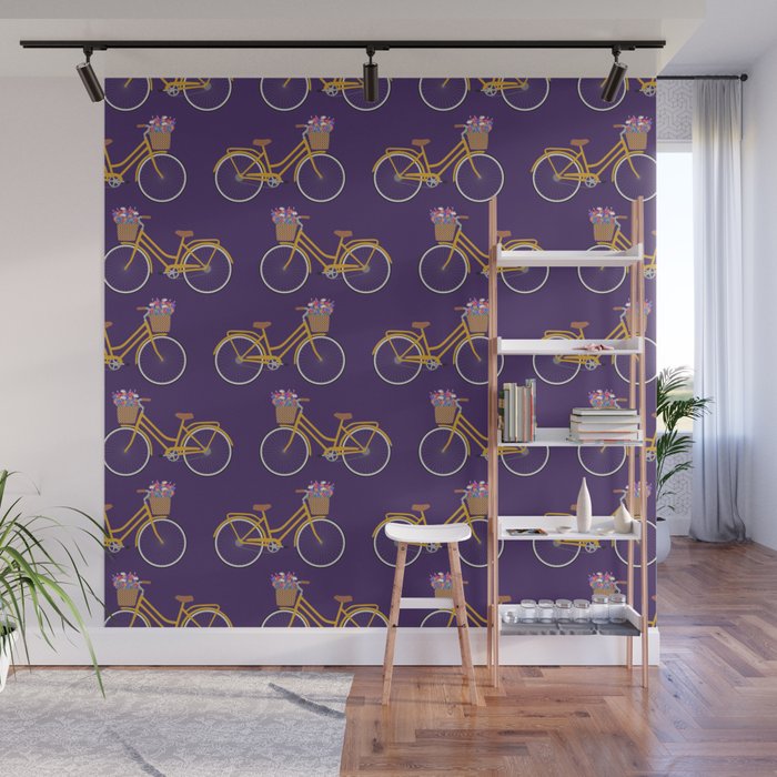 Bicycle with flower basket pattern Wall Mural