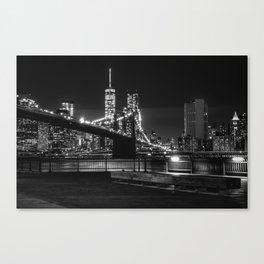 Brooklyn Bridge and Manhattan skyline at night in New York City black and white Canvas Print