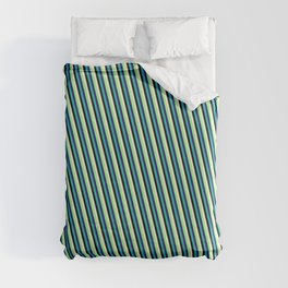 [ Thumbnail: Green, Midnight Blue, Light Sea Green, Black & Light Yellow Colored Lined/Striped Pattern Duvet Cover ]