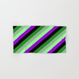 [ Thumbnail: Forest Green, Dark Sea Green, Green, Dark Violet, and Black Colored Stripes/Lines Pattern Hand & Bath Towel ]