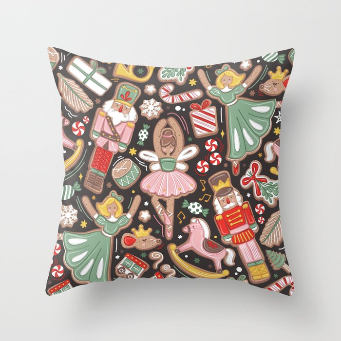 Nutcracker ballet gingerbread delicious biscuits // dark brown background sage green pink and neon red sweet Christmas cookies Throw Pillow