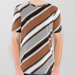 [ Thumbnail: Dark Gray, White, Sienna & Black Colored Pattern of Stripes All Over Graphic Tee ]
