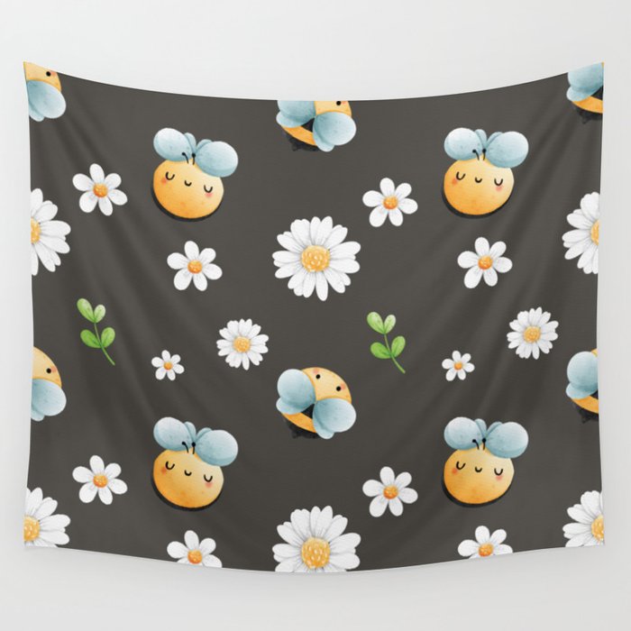 Buzzy Bees In Black Wall Tapestry