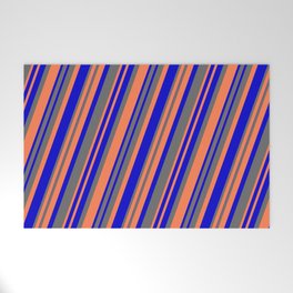 [ Thumbnail: Blue, Dim Gray, and Coral Colored Lines Pattern Welcome Mat ]