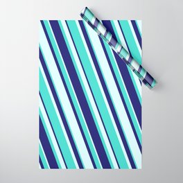 [ Thumbnail: Turquoise, Midnight Blue, and Light Cyan Colored Stripes/Lines Pattern Wrapping Paper ]