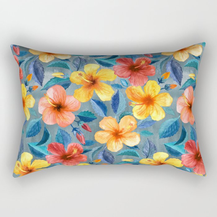 Colorful Watercolor Hibiscus on Grey Blue Rectangular Pillow