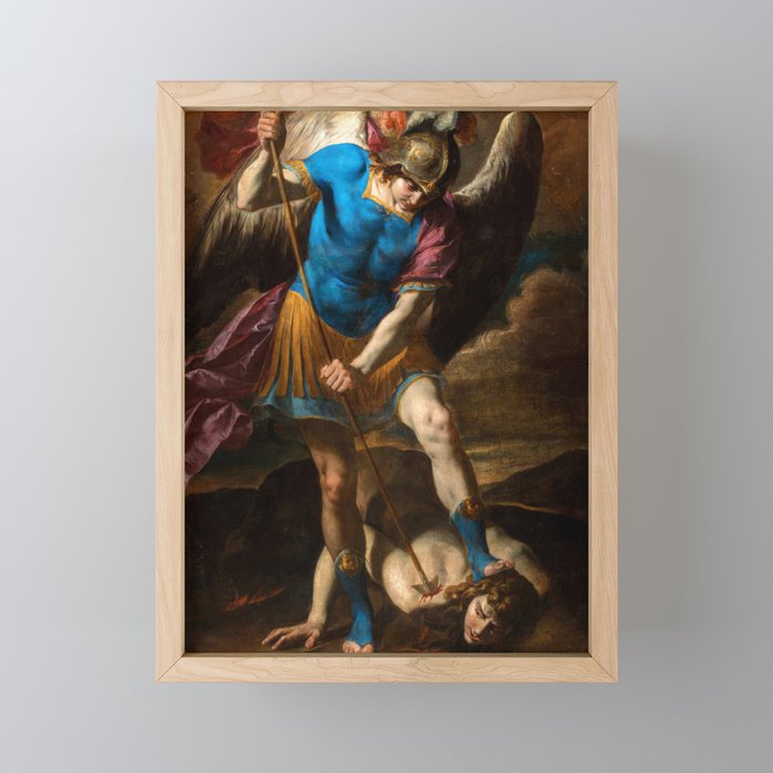Archangel Michael fights against the Fallen Angel, 1650 by Andrea Vaccaro Framed Mini Art Print