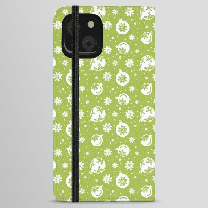 Light Green and White Christmas Balls Ornament Pattern iPhone Wallet Case