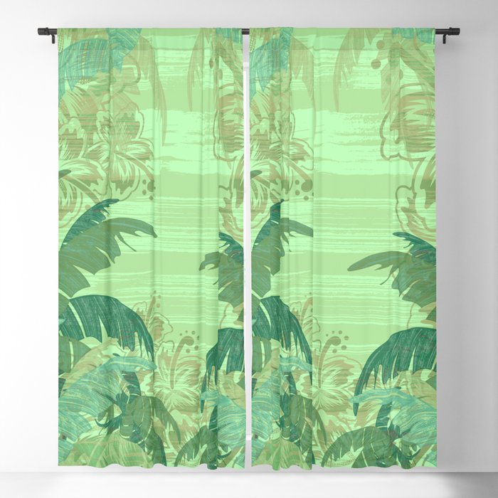 Polynesian Palm Trees And Hibiscus Shades Of Green Jungle Abstract Blackout Curtain