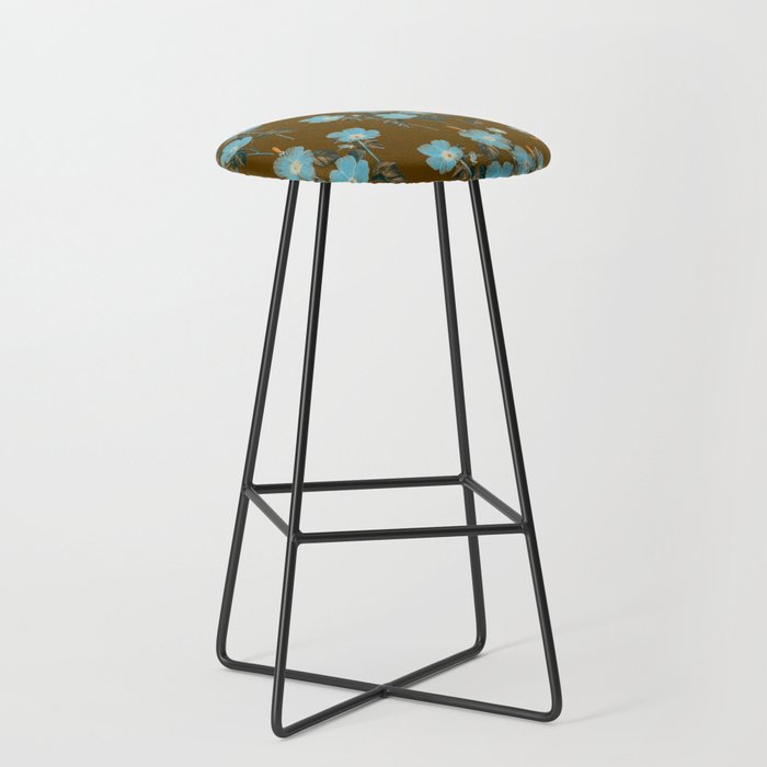 Blue flowers,brown background floral pattern  Bar Stool