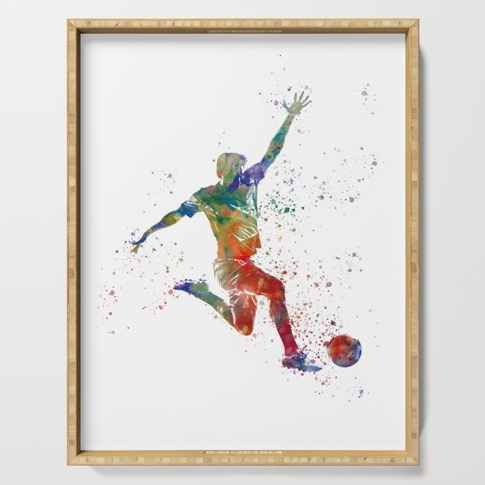 Soccer player kicking in watercolor Serving Tray