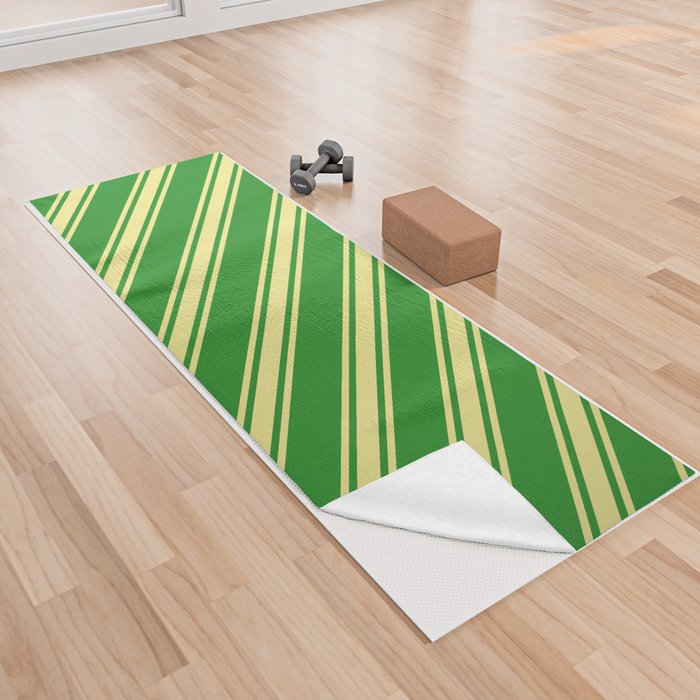 Forest Green & Tan Colored Lines Pattern Yoga Towel