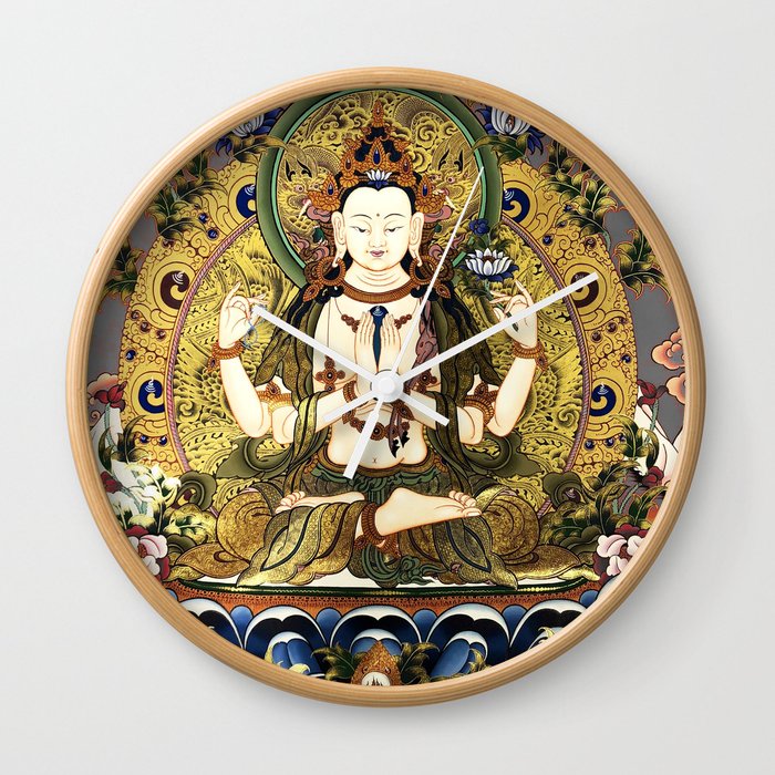 Chenrezig Avalokitesvara Bodhisattva Tibetan Buddhist Gray Wall Clock