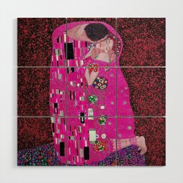 The kiss; erotic love and the eternal cosmos romantic portrait painting alternate pink and purple by Gustav Klimt Wood Wall Art