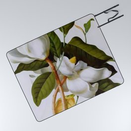 Vintage Botanical White Magnolia Flower Art Picnic Blanket
