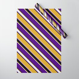 [ Thumbnail: Goldenrod, Lavender, Indigo, and Black Colored Lined Pattern Wrapping Paper ]