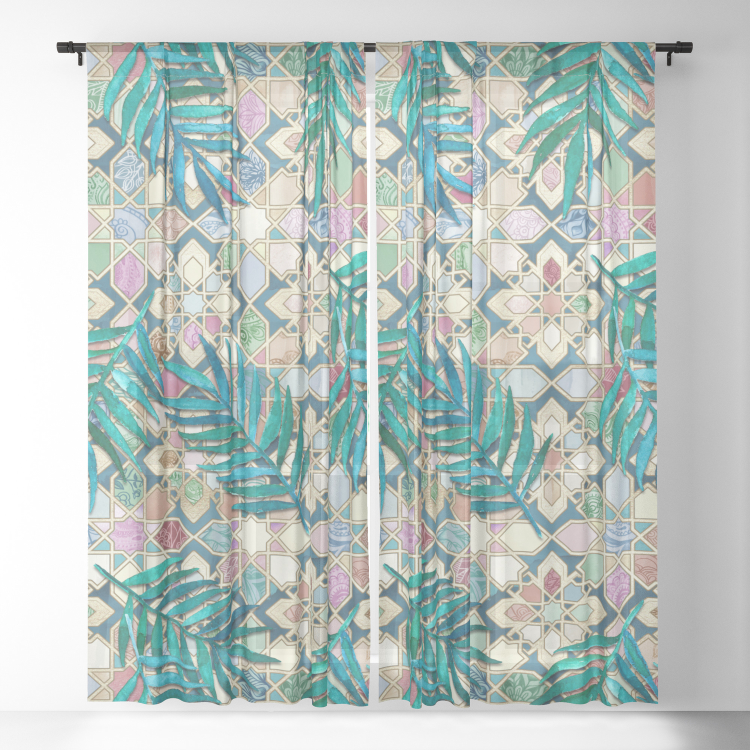 Muted Moroccan Mosaic Tiles With Palm Leaves Sheer Curtain By