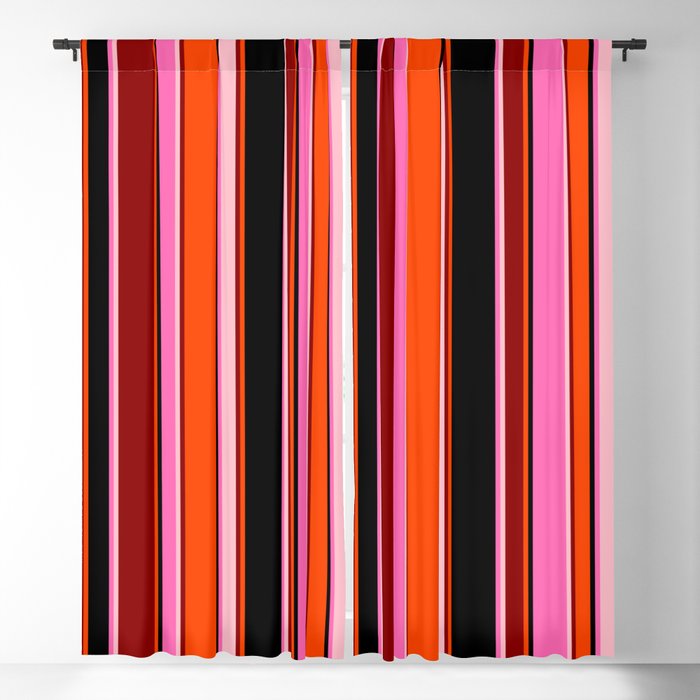 Eye-catching Hot Pink, Black, Red, Dark Red, and Pink Colored Stripes/Lines Pattern Blackout Curtain