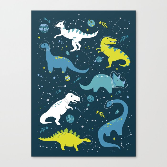 Space Dinosaurs in Bright Green and Blue Canvas Print