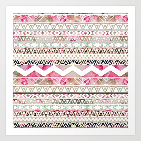 Aztec Spring Time! | Girly Pink White Floral Abstract Aztec Pattern Art Print