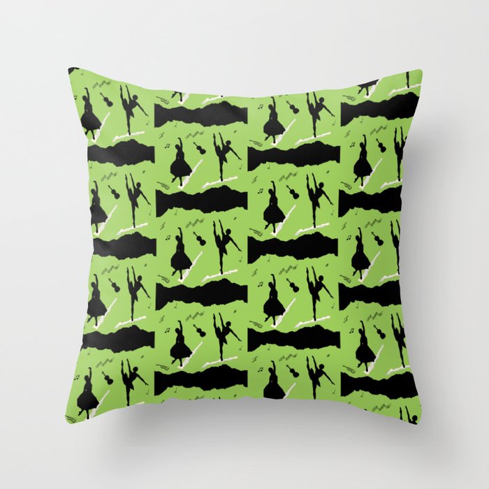 Two ballerina figures in black on green paper Throw Pillow