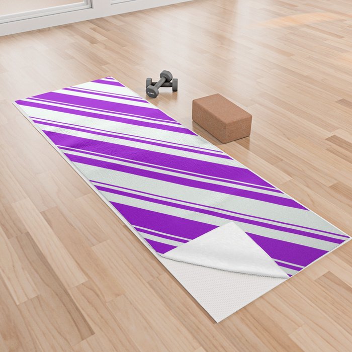 Dark Violet and Mint Cream Colored Pattern of Stripes Yoga Towel