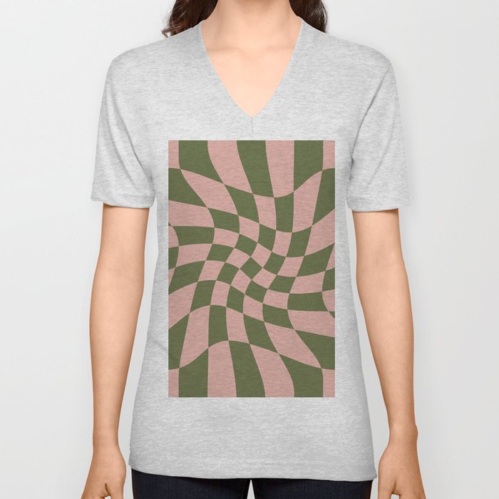 Wavy Check - Green And Peach - Checkerboard Pattern Print V Neck T Shirt