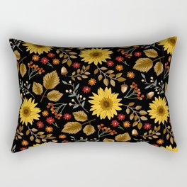 Autumn sunflowers with black background pattern. Maple leaves, sunflowers, flowers ditsy.  Rectangular Pillow