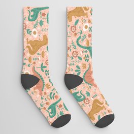 Folk Floral Dinosaurs in Pink Socks