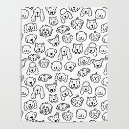 Cute Black and White Dog Lineart pattern Poster