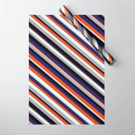 [ Thumbnail: Eye-catching Red, Light Cyan, Dark Grey, Black, and Midnight Blue Colored Stripes Pattern Wrapping Paper ]