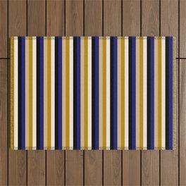 [ Thumbnail: Vibrant Midnight Blue, Tan, Dark Goldenrod, Beige, and Black Colored Lines Pattern Outdoor Rug ]