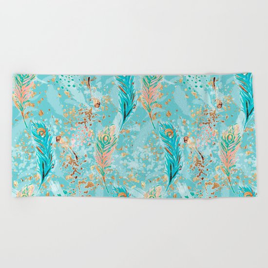 Feather peacock peach mint #8 Beach Towel