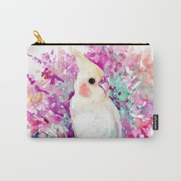 Coral Pink Flowers and Parrot Carry-All Pouch | Floralparrotdecor, Parrotpainting, Petbirdgift, Parrotlovergift, Pinkparrot, Pinkroomdecor, Pinkhouse, Cockatielgift, Floralcoralpink, Cockatielparrotart 