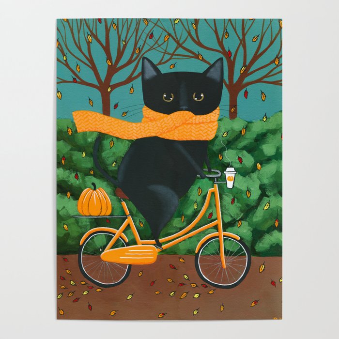 Black Cat Autumn Bicycle Ride Poster