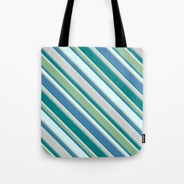 [ Thumbnail: Eye-catching Light Cyan, Light Grey, Dark Sea Green, Blue, and Teal Colored Striped Pattern Tote Bag ]