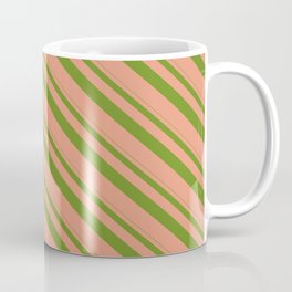 [ Thumbnail: Green & Dark Salmon Colored Lines/Stripes Pattern Coffee Mug ]