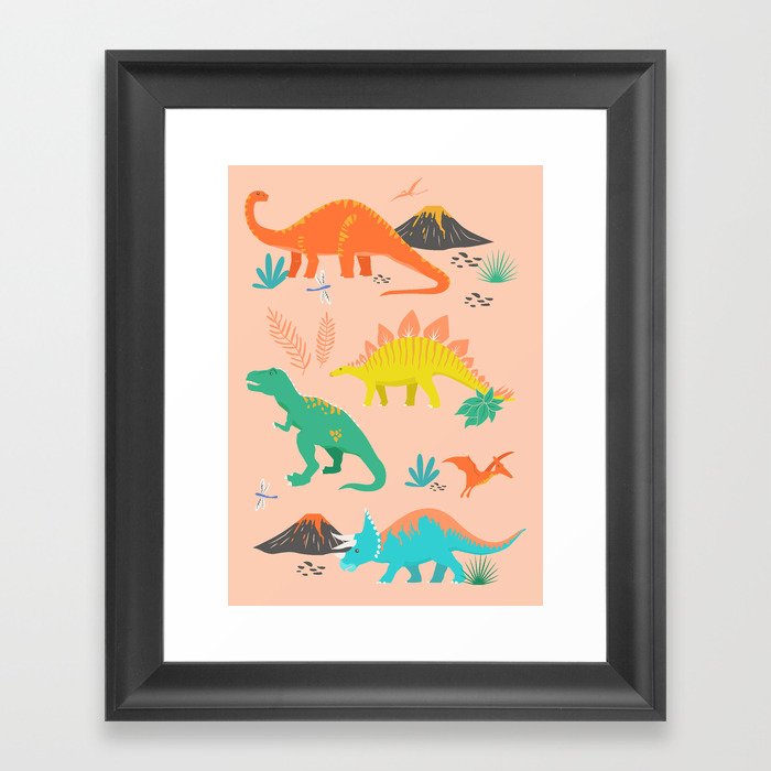 Jurassic Dinosaurs on Peach Framed Art Print