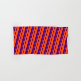 [ Thumbnail: Indigo & Red Colored Pattern of Stripes Hand & Bath Towel ]