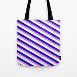 [ Thumbnail: Blue, Dark Violet, Plum, Mint Cream & Turquoise Colored Stripes/Lines Pattern Tote Bag ]
