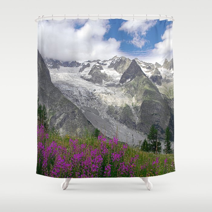 Flowering Meadows Snowy Mountains Summer Alpine Landscape Shower Curtain