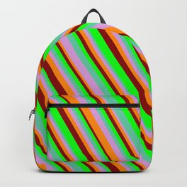 [ Thumbnail: Lime, Aquamarine, Plum, Dark Orange & Dark Red Colored Lines/Stripes Pattern Backpack ]
