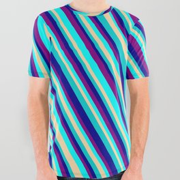 [ Thumbnail: Eye-catching Purple, Aqua, Tan, Dark Turquoise, and Dark Blue Colored Stripes/Lines Pattern All Over Graphic Tee ]