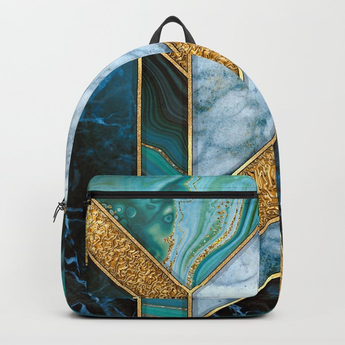 Art Deco Peacock Teal + Gold Marble Geode Chevron Backpack
