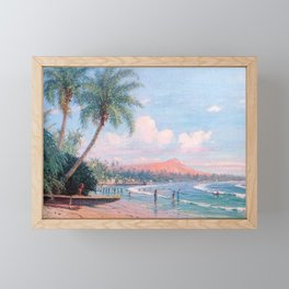 Waikiki Beach, Diamond Head, Oahu landscape painting by D. Howard Hitchcock Framed Mini Art Print