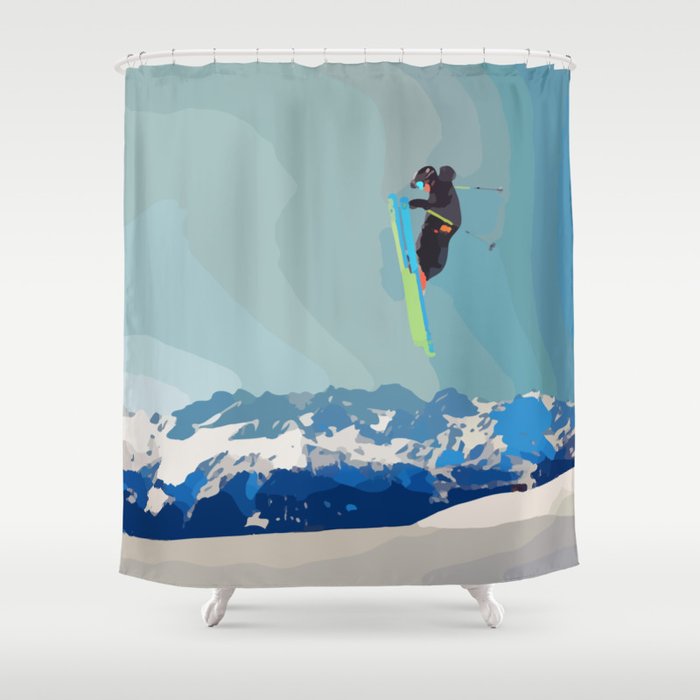 Man With Skis, Snow, Mountains & Blue Sky - Sports Shower Curtain