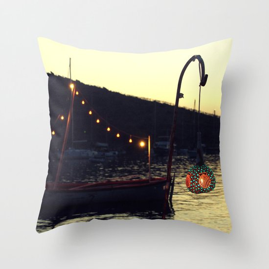sunset in gumusluk with boat Throw Pillow