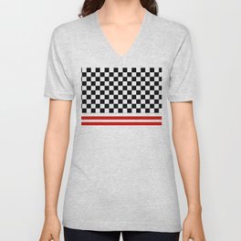 Black and White Racer Stripe Checkerboard V Neck T Shirt